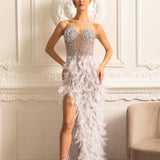 Lüks Tüy Süslemeli Payetli Straplez Elbise