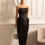 Dantelli Göğüs Detaylı Straplez Midi Elbise