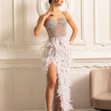 Lüks Tüy Süslemeli Payetli Straplez Elbise