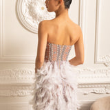 Lüks Tüy Süslemeli Payetli Straplez Elbise