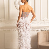 Lüks Tüy Süslemeli Payetli Straplez Elbise