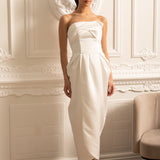 Dantelli Göğüs Detaylı Straplez Midi Elbise