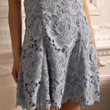 Işıltılı Yakalı Çiçek Desenli Dantel Mini Elbise