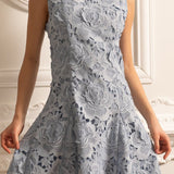 Işıltılı Yakalı Çiçek Desenli Dantel Mini Elbise