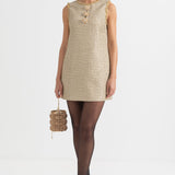 Altın Vurgularla Desenli Mini Elbise