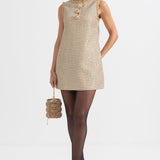 Altın Vurgularla Desenli Mini Elbise