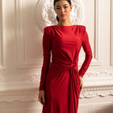 Uzun Kollu, Yandan Dökümlü ve Bükümlü Bel Detaylı Saten Elbise - Kırmızı