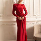 Uzun Kollu, Yandan Dökümlü ve Bükümlü Bel Detaylı Saten Elbise - Kırmızı