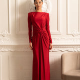 Uzun Kollu, Yandan Dökümlü ve Bükümlü Bel Detaylı Saten Elbise - Kırmızı