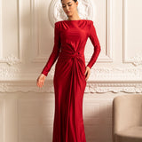 Uzun Kollu, Yandan Dökümlü ve Bükümlü Bel Detaylı Saten Elbise - Kırmızı