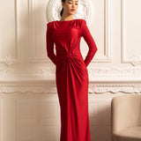 Uzun Kollu, Yandan Dökümlü ve Bükümlü Bel Detaylı Saten Elbise - Kırmızı