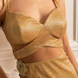 Çiçek Süslemeli ve Dekolteli File Abiye Elbise – Altın