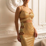 Çiçek Süslemeli ve Dekolteli File Abiye Elbise – Altın