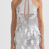 Önü Kesik ve Tüylü Pırıltılı Pullu Mini Elbise