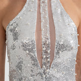 Önü Kesik ve Tüylü Pırıltılı Pullu Mini Elbise