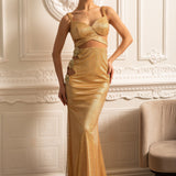 Çiçek Süslemeli ve Dekolteli File Abiye Elbise – Altın