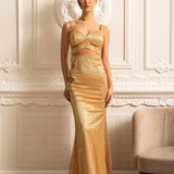 Çiçek Süslemeli ve Dekolteli File Abiye Elbise – Altın