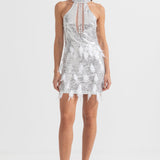 Önü Kesik ve Tüylü Pırıltılı Pullu Mini Elbise