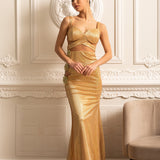 Çiçek Süslemeli ve Dekolteli File Abiye Elbise – Altın