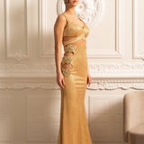 Çiçek Süslemeli ve Dekolteli File Abiye Elbise – Altın