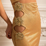 Çiçek Süslemeli ve Dekolteli File Abiye Elbise – Altın