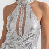 Önü Kesik ve Tüylü Pırıltılı Pullu Mini Elbise