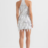 Önü Kesik ve Tüylü Pırıltılı Pullu Mini Elbise