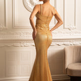 Çiçek Süslemeli ve Dekolteli File Abiye Elbise – Altın