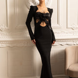 Omuzları Yapılandırılmış ve Önü Kesimli Uzun Kollu Zarif Elbise