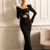 Omuzları Yapılandırılmış ve Önü Kesimli Uzun Kollu Zarif Elbise