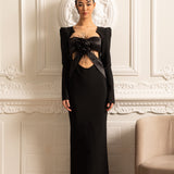 Omuzları Yapılandırılmış ve Önü Kesimli Uzun Kollu Zarif Elbise