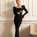 Omuzları Yapılandırılmış ve Önü Kesimli Uzun Kollu Zarif Elbise