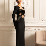 Omuzları Yapılandırılmış ve Önü Kesimli Uzun Kollu Zarif Elbise