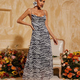 Nicole  Zebra Midi Elbise Gri