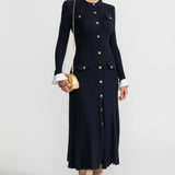 Altın Düğme Detaylı, Fitilli Triko Midi Elbise – Lacivert