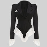 Beyaz Dantel Süslemeli Zarif Blazer Bodysuit