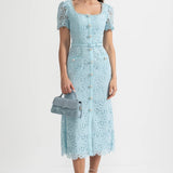 Mavi İnce Dantel Midi Elbise