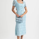 Mavi İnce Dantel Midi Elbise