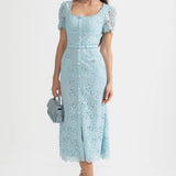 Mavi İnce Dantel Midi Elbise
