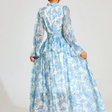 Mavi Çiçek Desenli  Maxi Elbise