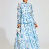 Mavi Çiçek Desenli  Maxi Elbise