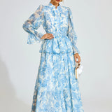 Mavi Çiçek Desenli  Maxi Elbise