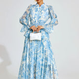 Mavi Çiçek Desenli  Maxi Elbise