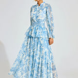 Mavi Çiçek Desenli  Maxi Elbise