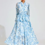Mavi Çiçek Desenli  Maxi Elbise