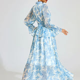 Mavi Çiçek Desenli  Maxi Elbise