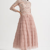 Uzun Kollu Fırfırlı Midi Elbise