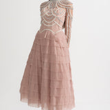 Uzun Kollu Fırfırlı Midi Elbise