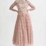 Uzun Kollu Fırfırlı Midi Elbise