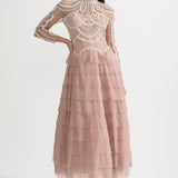 Uzun Kollu Fırfırlı Midi Elbise